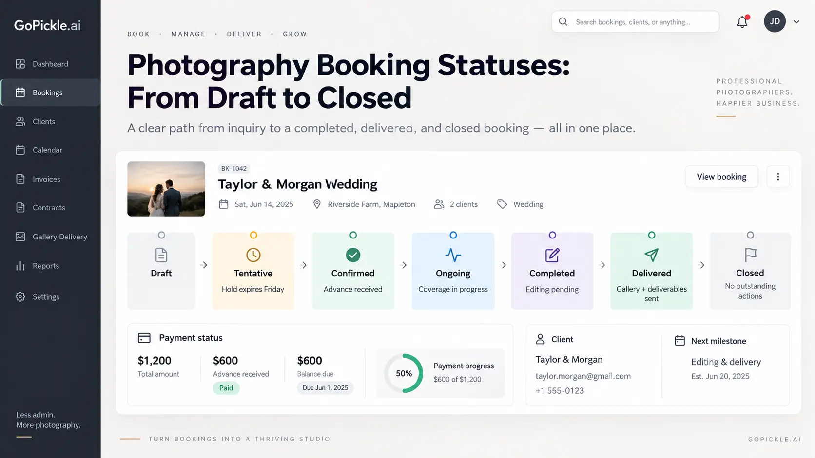 Photography Booking Statuses: Draft, Tentative, Confirmed, Ongoing, Completed, Delivered and Closed