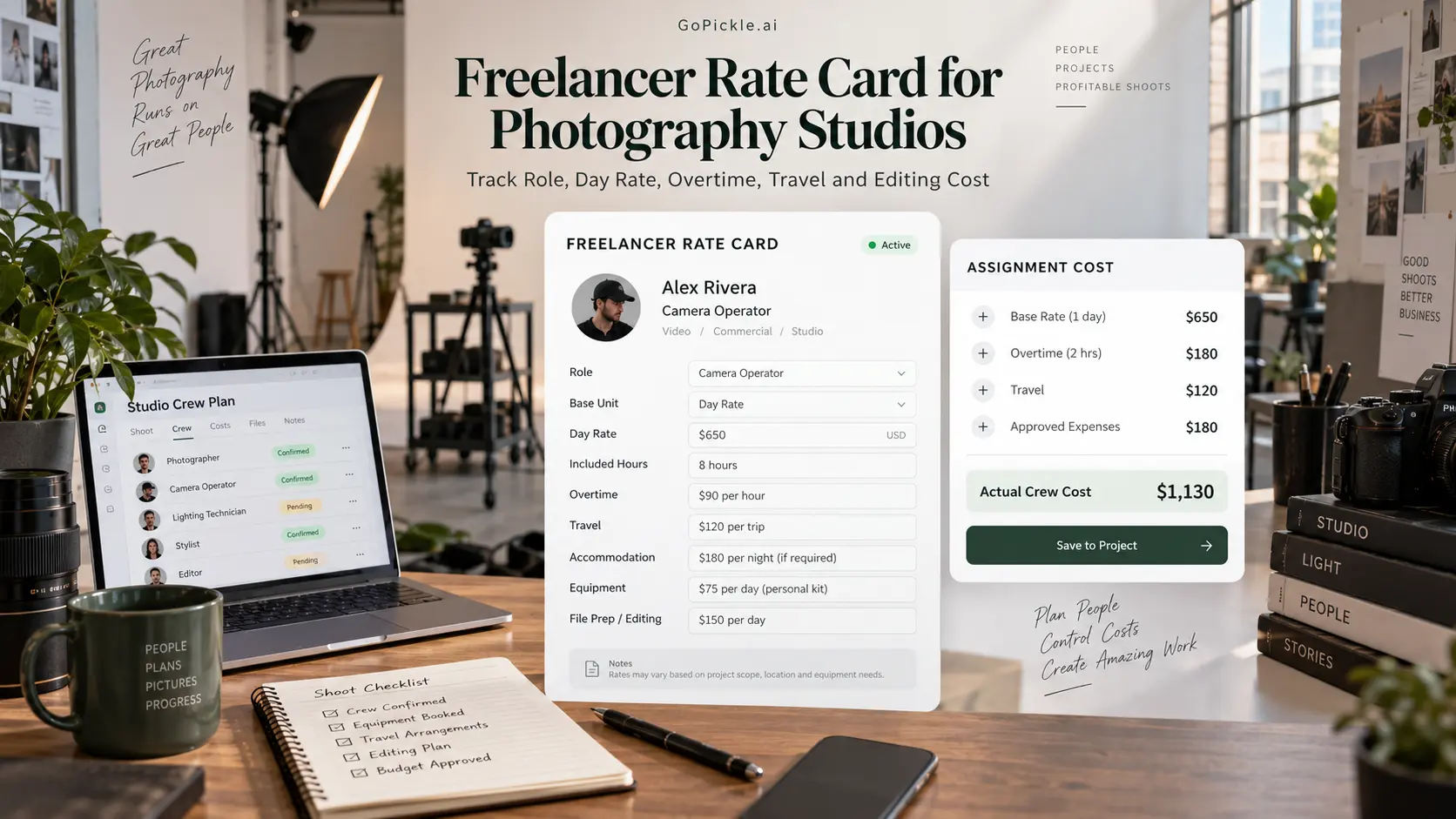 Freelancer Rate Card for Photography Studios: Track Role, Day Rate, Overtime, Travel and Editing Cost
