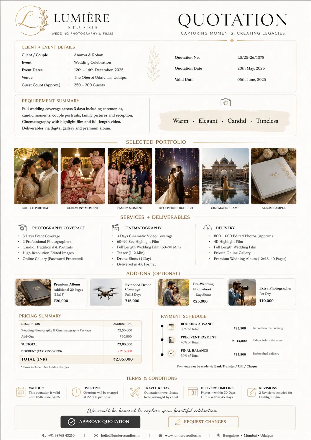 Professional wedding photography quotation showing visual mood, portfolio examples, services, deliverables, package pricing, add-ons and payment schedule.