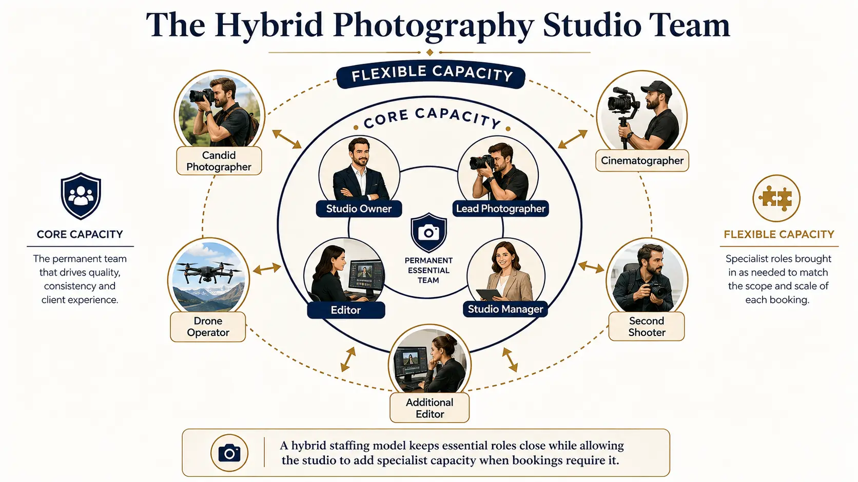 Hybrid photography studio staffing model combining full-time employees with freelance photographers and specialists.