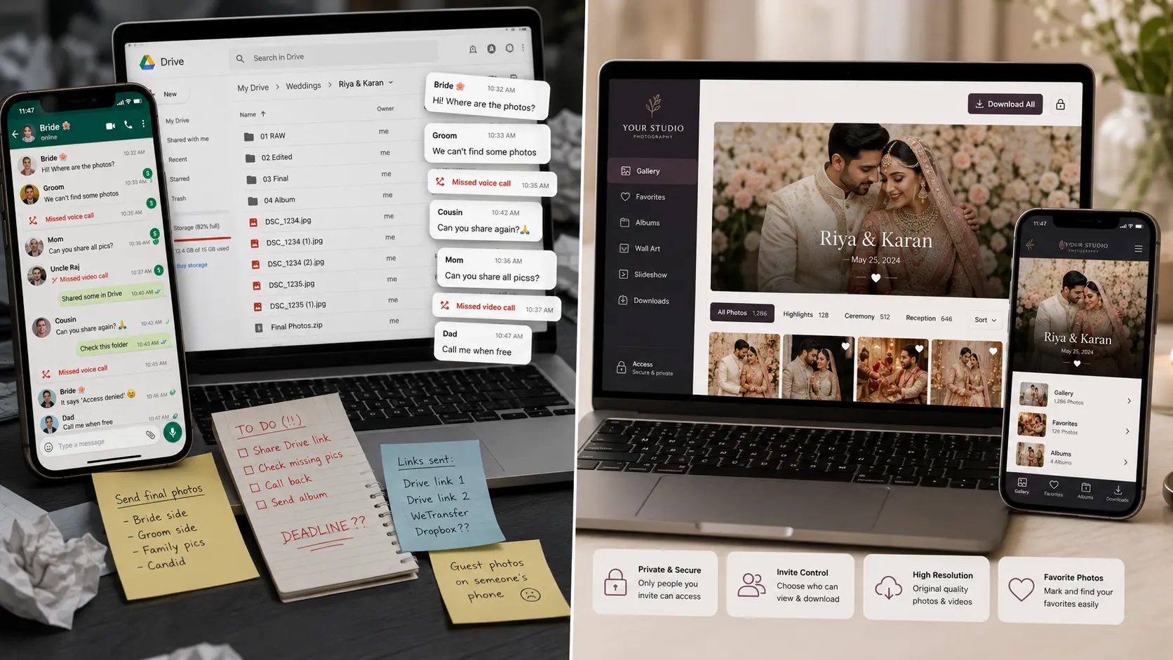 WhatsApp and Google Drive wedding photo sharing compared with organised client gallery delivery.
