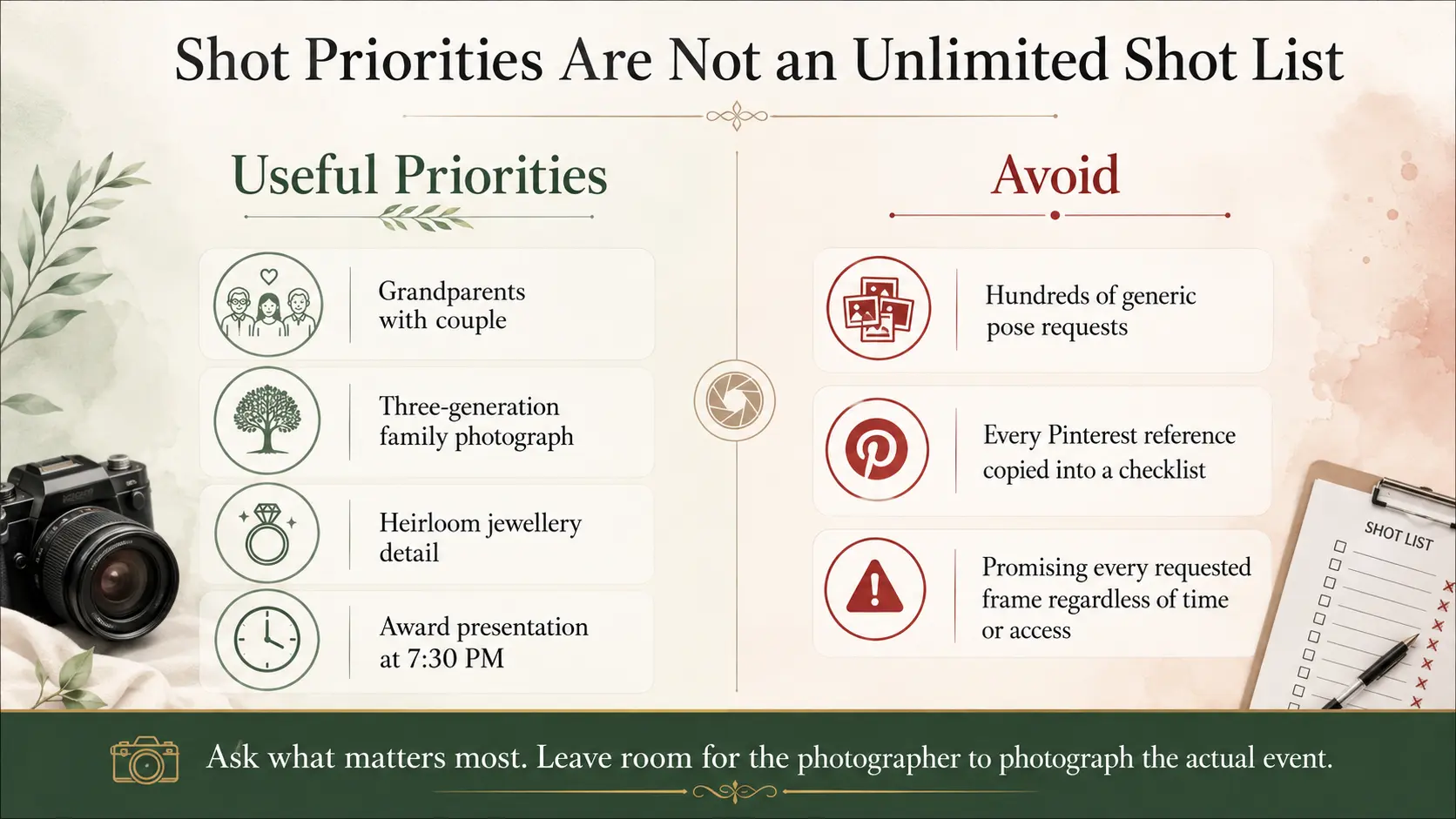 Photography shot priority guide comparing important client requests with an overloaded photography shot list.