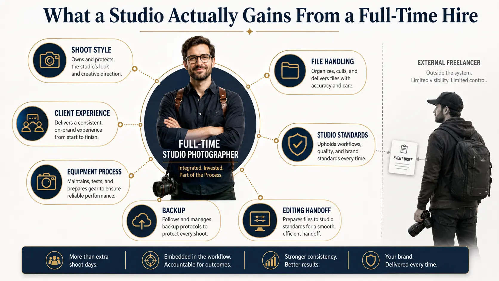 Full-time studio photographer connected to photography workflow, client experience, file handling and studio standards.