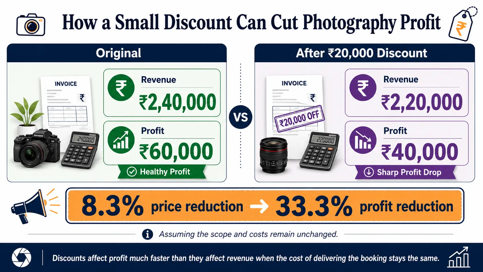Photography pricing example showing how a small package discount can significantly reduce photography profit margin.