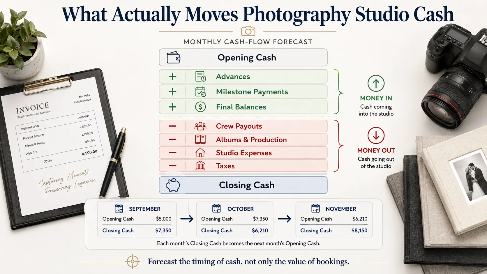 Photography studio cash-flow forecast showing incoming client payments and outgoing crew, album, operating and tax expenses.