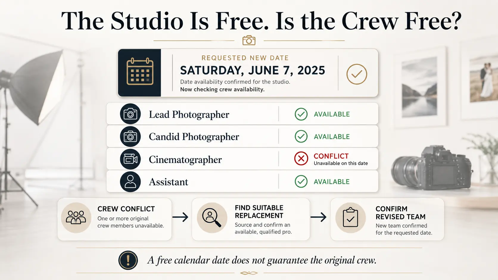 Photography crew availability check after a wedding client requests a new event date.