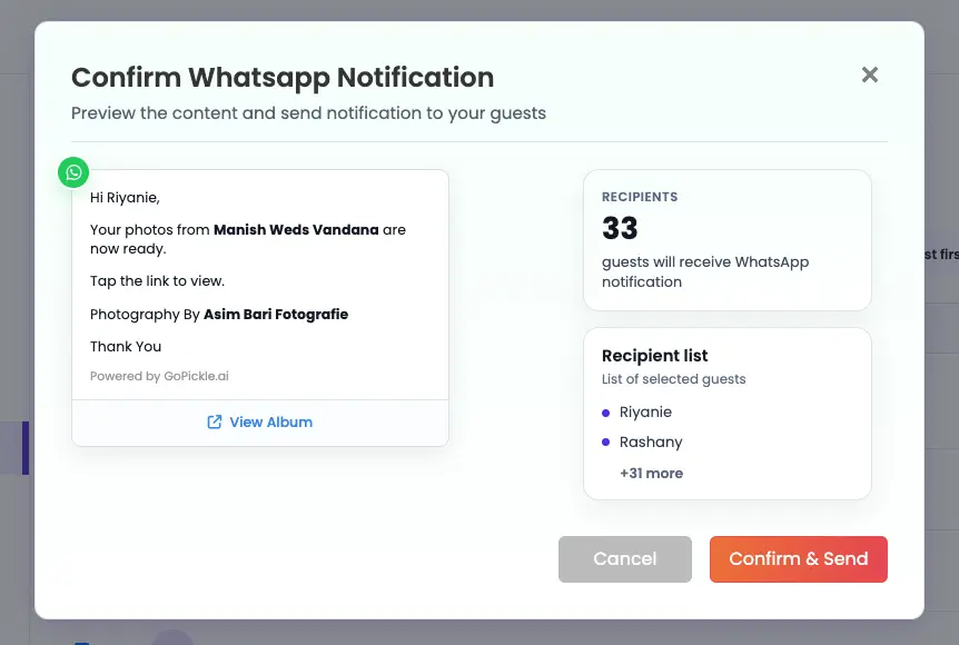 GoPickle event photo notification workflow sending registered guests a link when edited photographs are available.