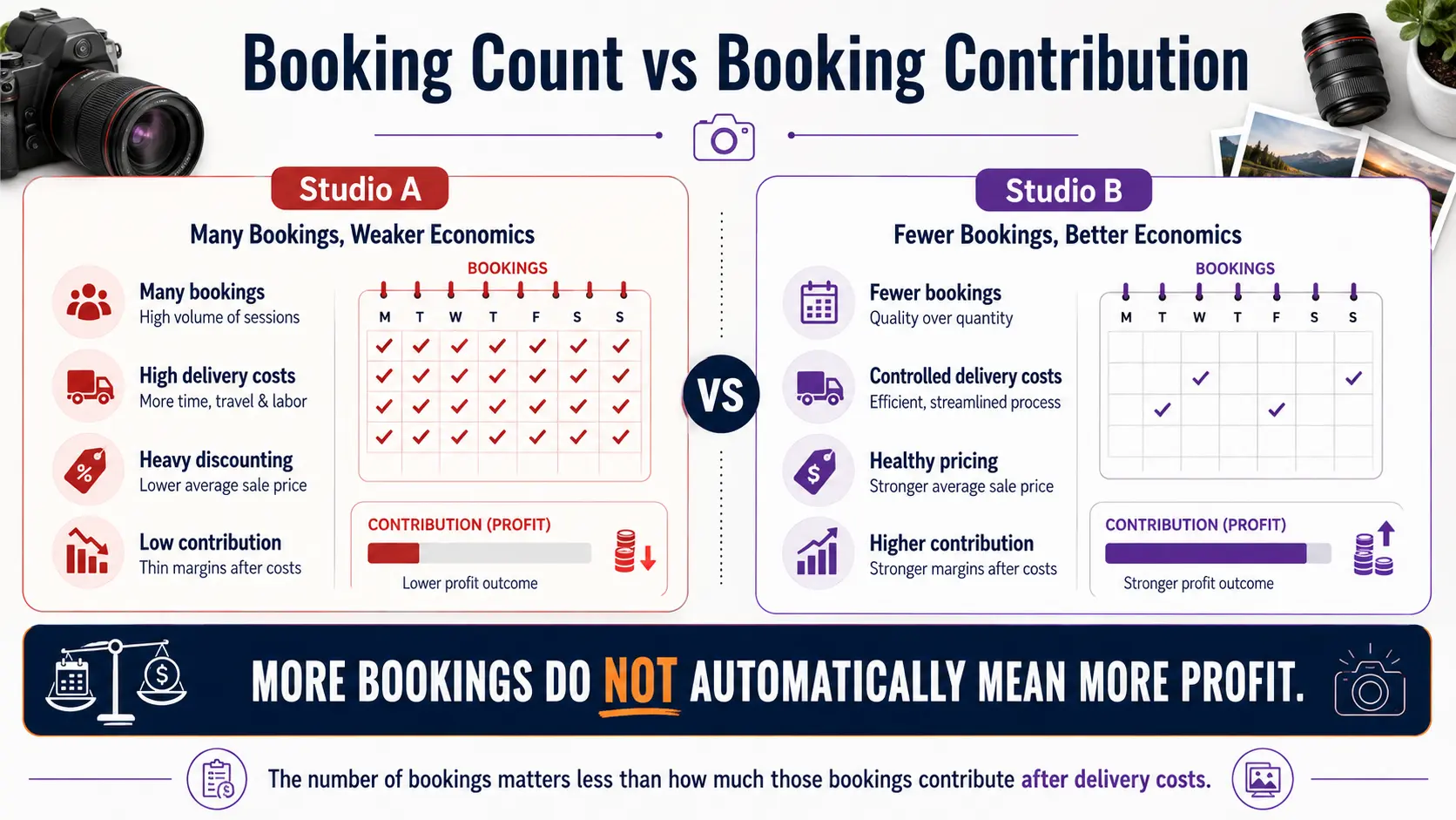 Photography business profitability comparison showing why more bookings do not always create more profit.