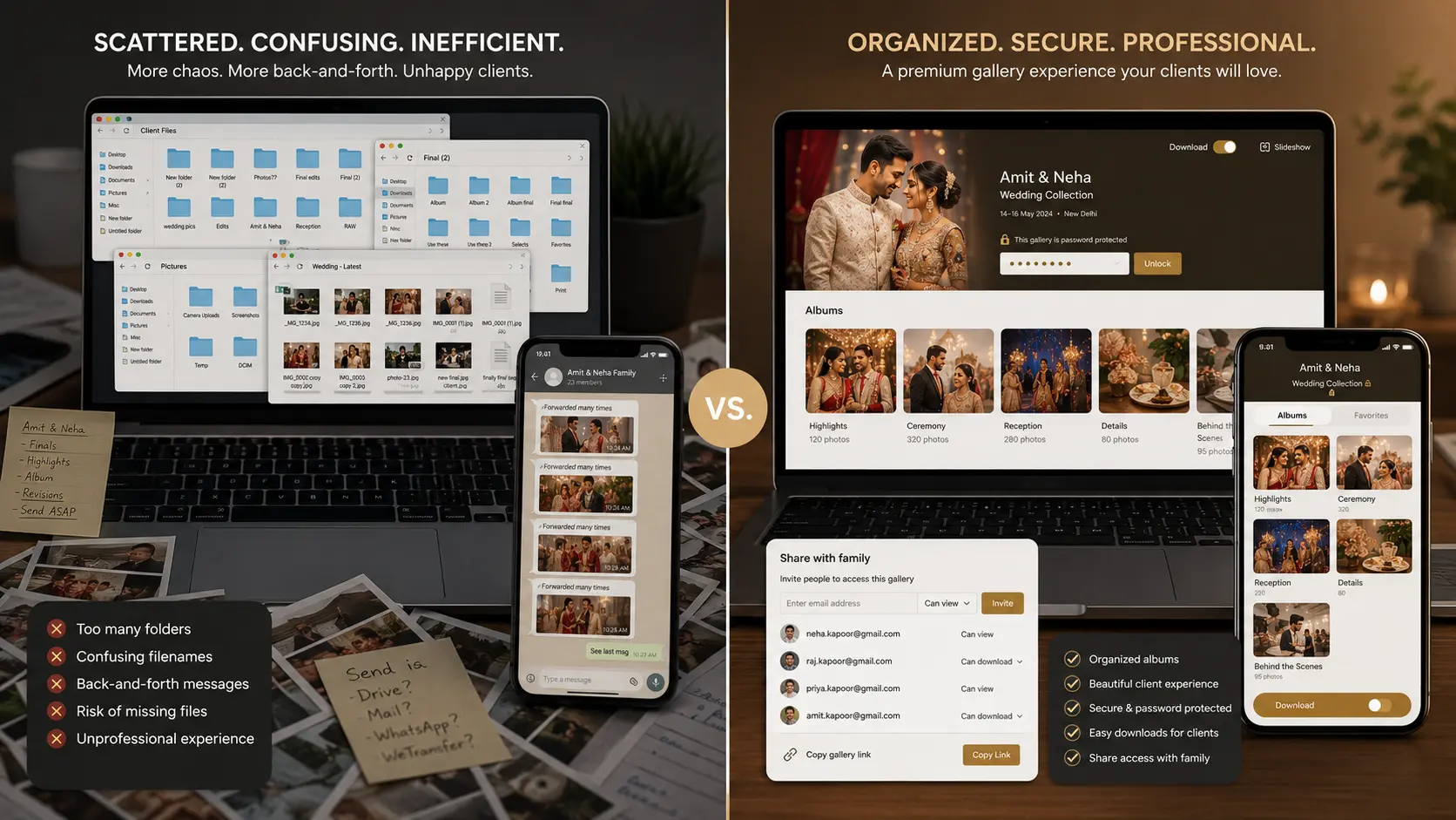 Difference between scattered photo sharing and a secure branded client gallery for photographers.