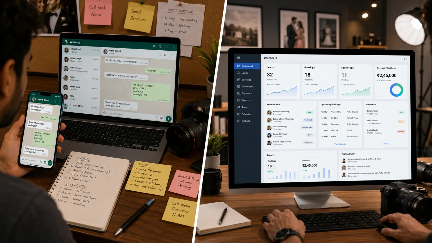 Comparison between WhatsApp-based photography business management and a photography CRM dashboard.