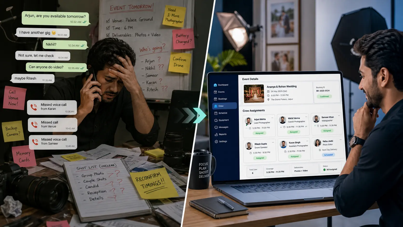 Photography studio crew assignment compared with scattered WhatsApp coordination.