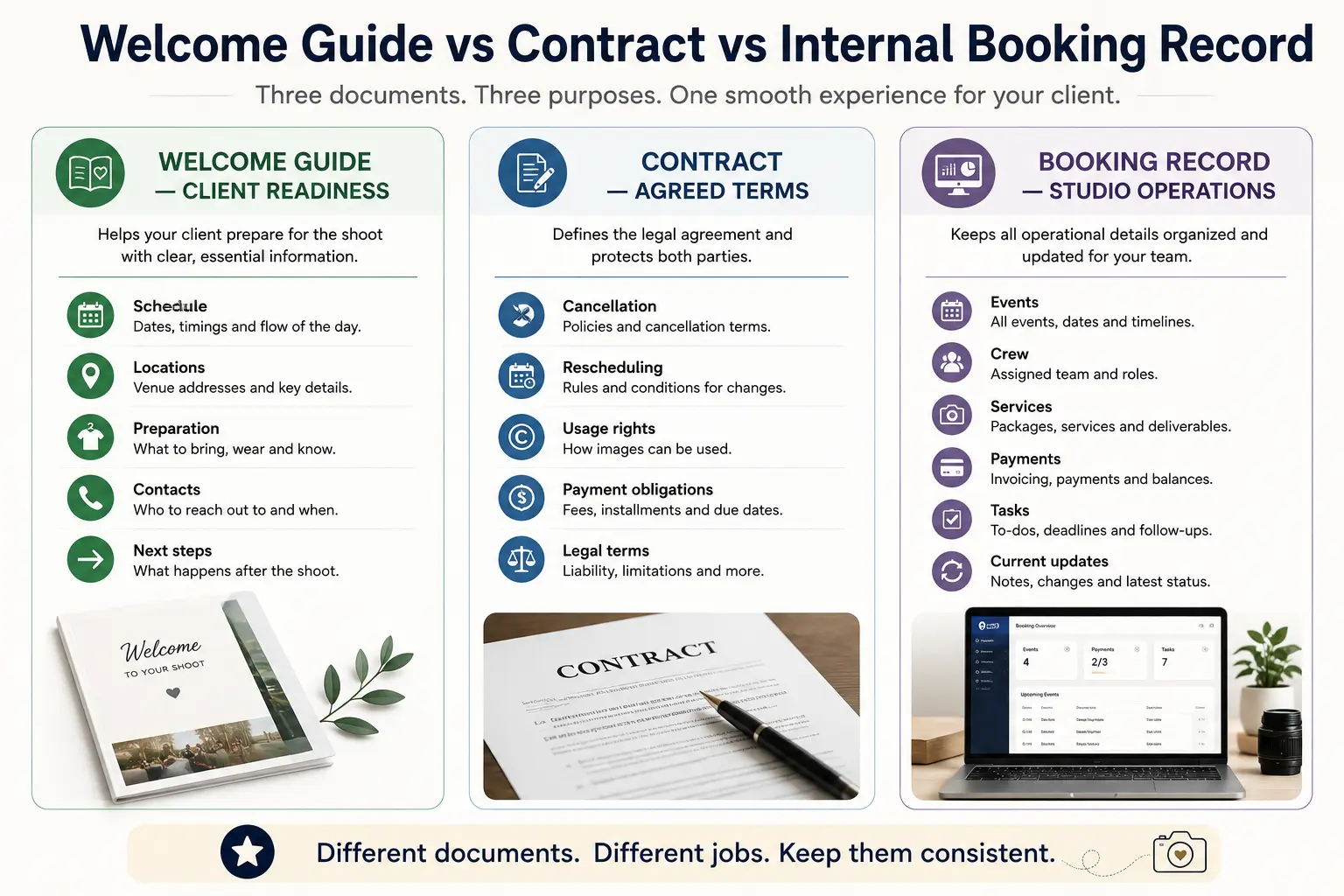 Photography client onboarding diagram comparing a welcome guide, photography contract and internal booking management record.