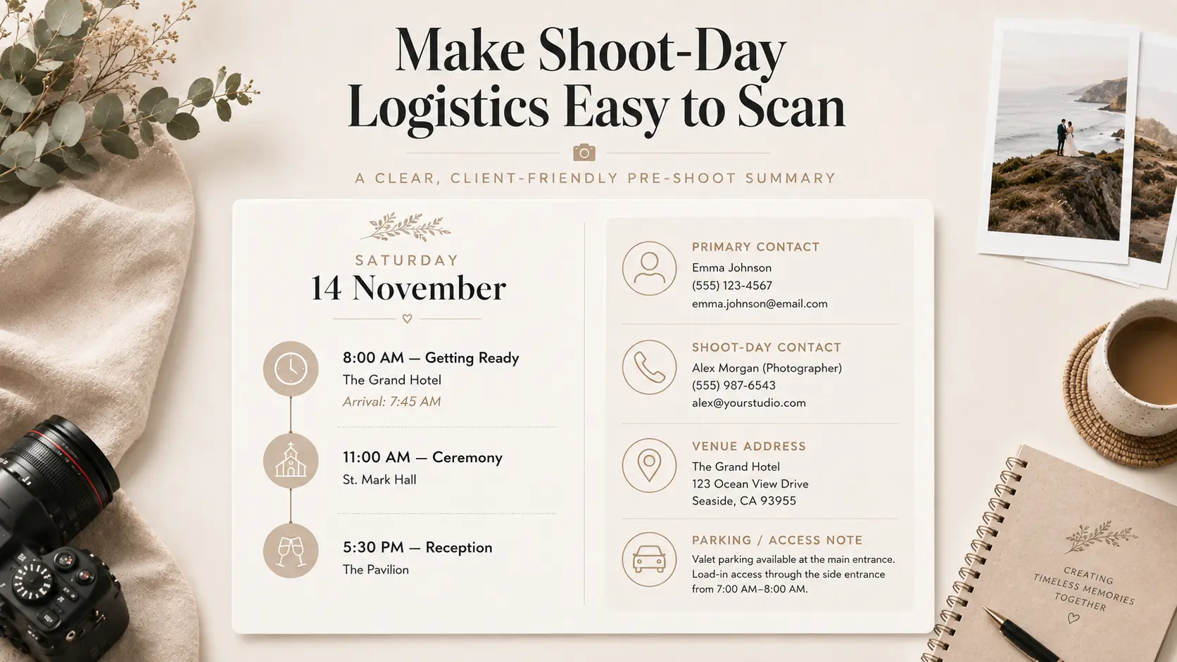 Photography client welcome packet showing event schedule, venue locations and shoot-day contact details.
