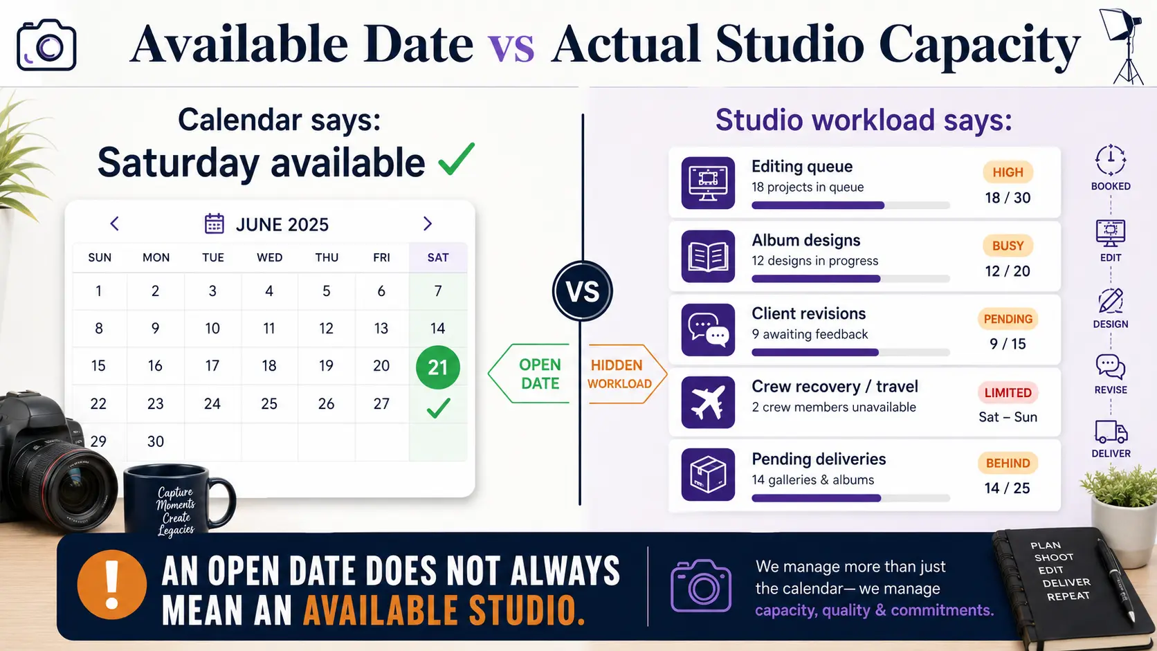 Photography studio capacity planning graphic comparing an open shoot date with editing, album and delivery workload.