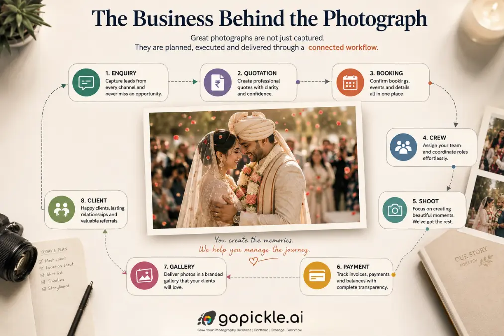 GoPickle-inspired photography business workflow connecting enquiry, quotation, booking, crew, payments and client gallery around a finished photograph.