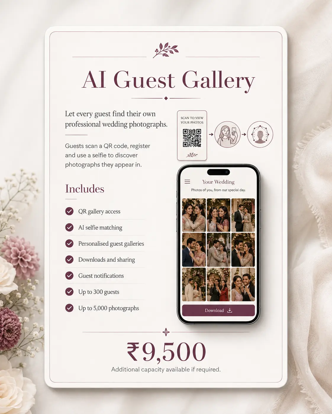 Sample wedding photography quotation showing an AI Guest Gallery add-on with QR access, selfie matching, personalised photos, guest capacity and pricing.