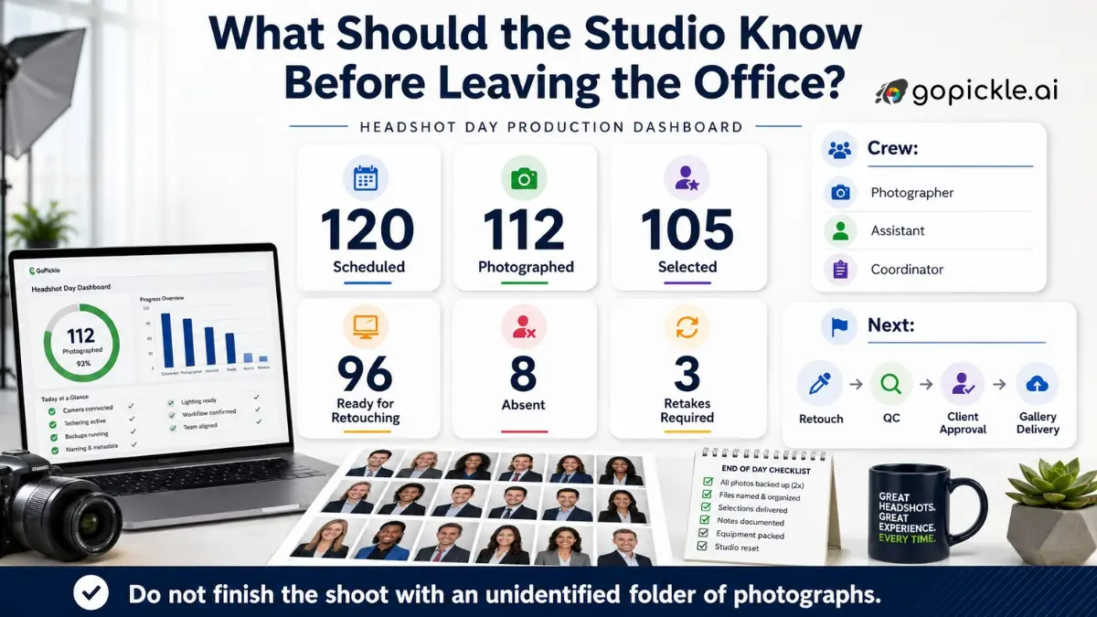 Corporate headshot day dashboard tracking photographed employees, selections, absentees, retakes and post-production status.