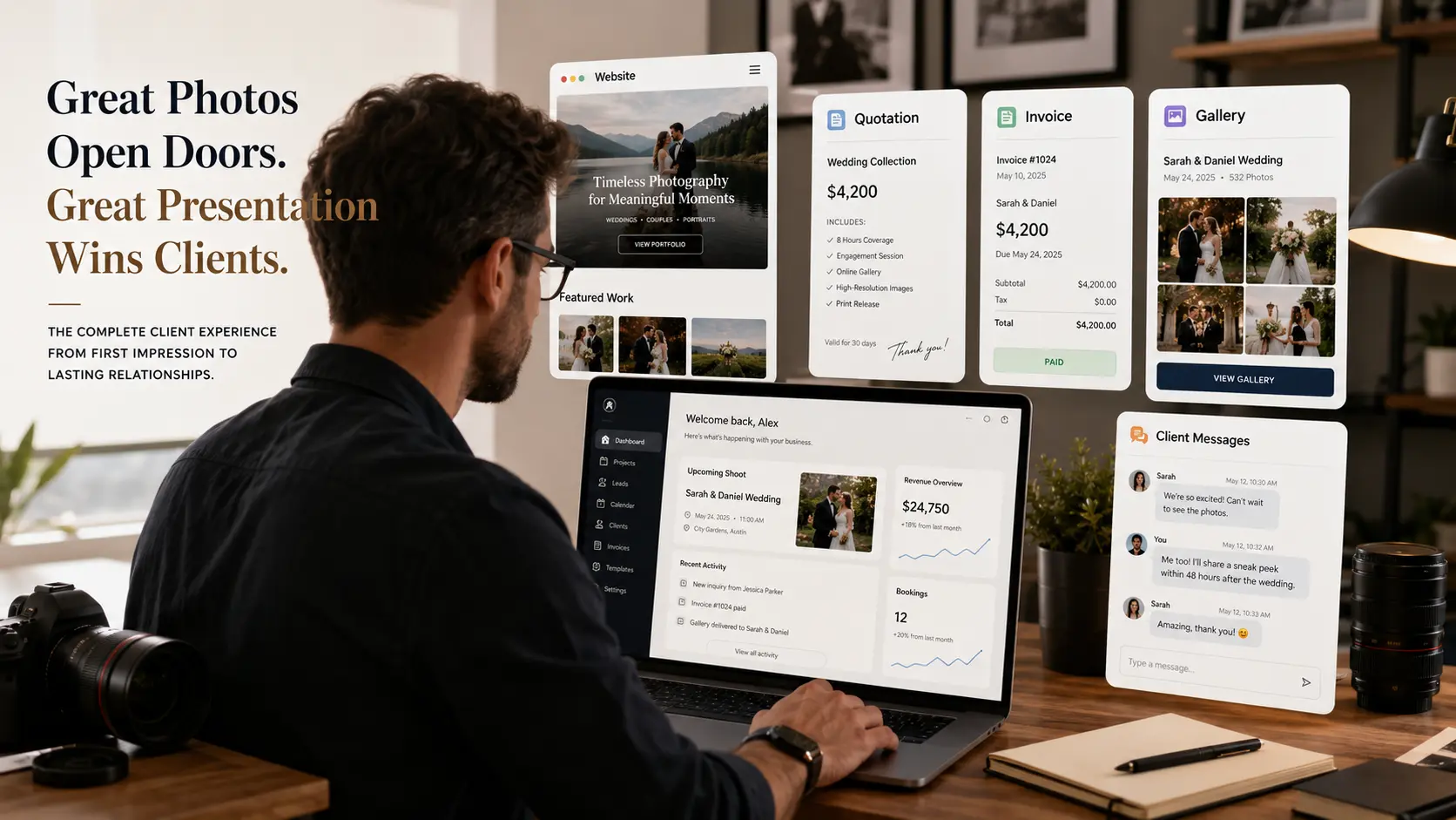 Photographer managing professional presentation through website quotation invoice gallery and client communication.