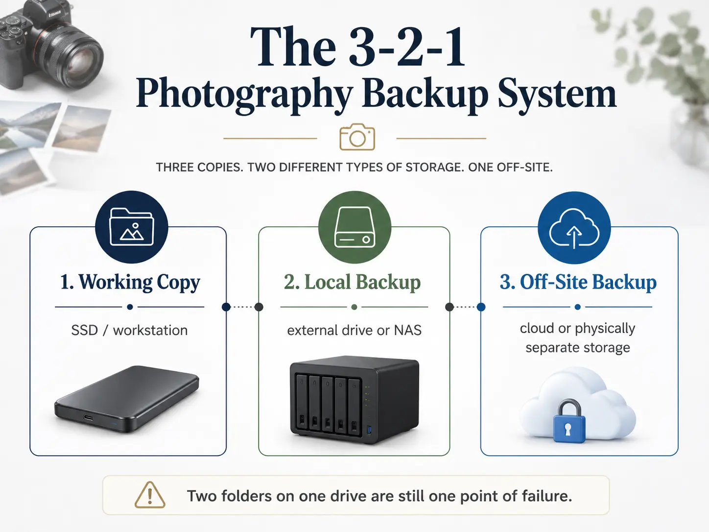 3-2-1 backup system for photographers with working SSD, local NAS backup and off-site cloud backup.