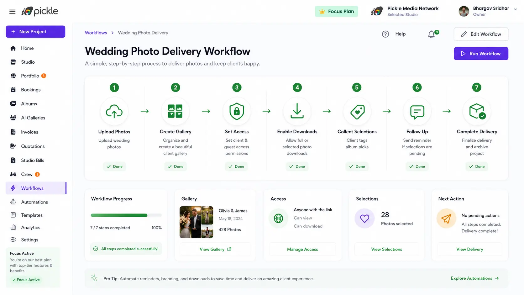 Wedding photo delivery workflow from upload to client selection and final delivery.