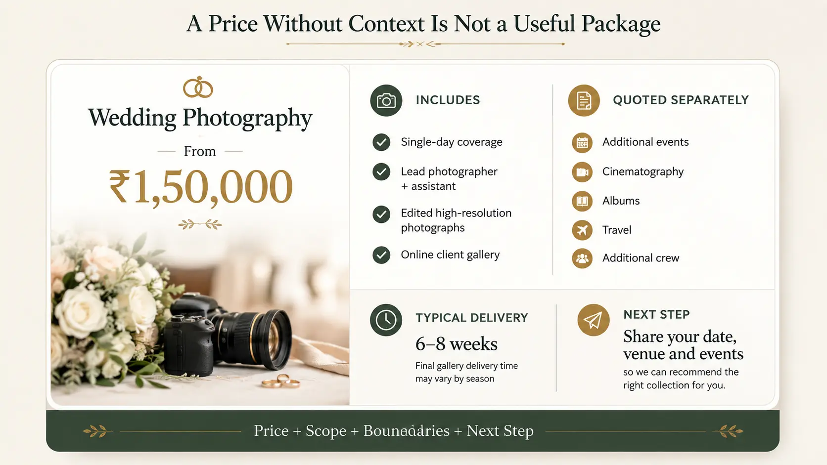 Wedding photography pricing card showing starting price, package inclusions, exclusions, delivery timeline and enquiry next step.