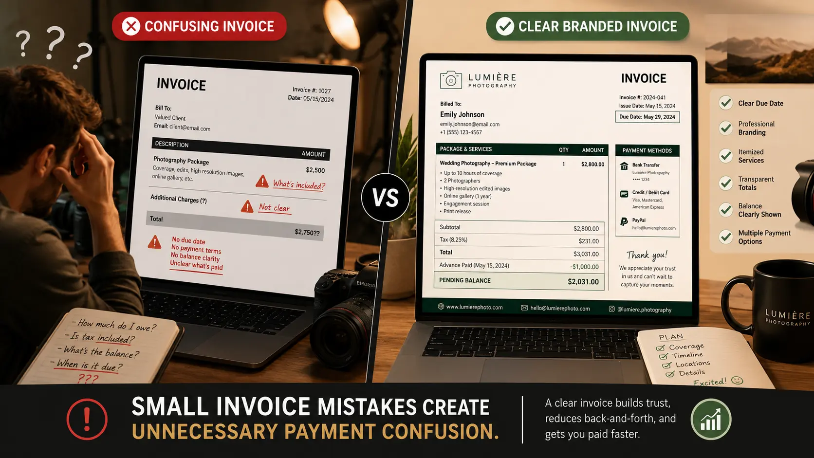 Comparison between unclear photography invoice and clear branded invoice.