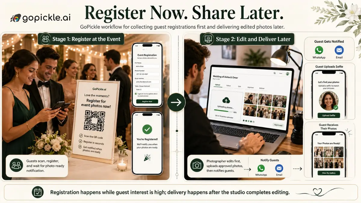 GoPickle workflow separating event guest registration from edited photo delivery.