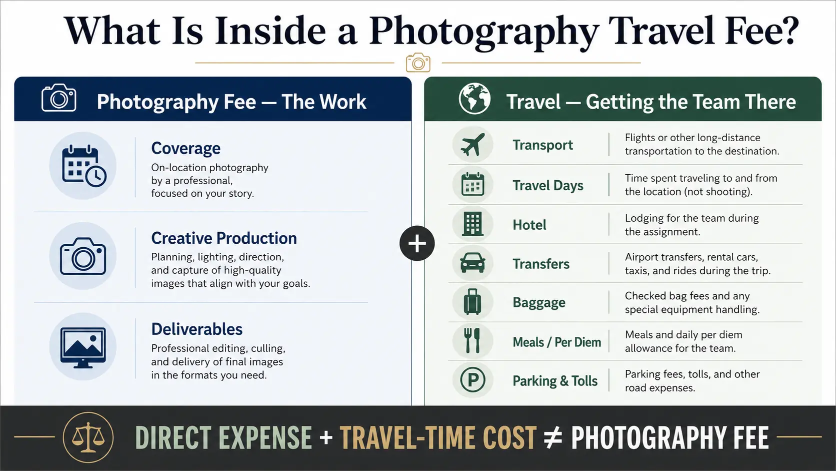 Photography travel fee breakdown separating the photography service from transport, hotel, travel-day and destination expenses.