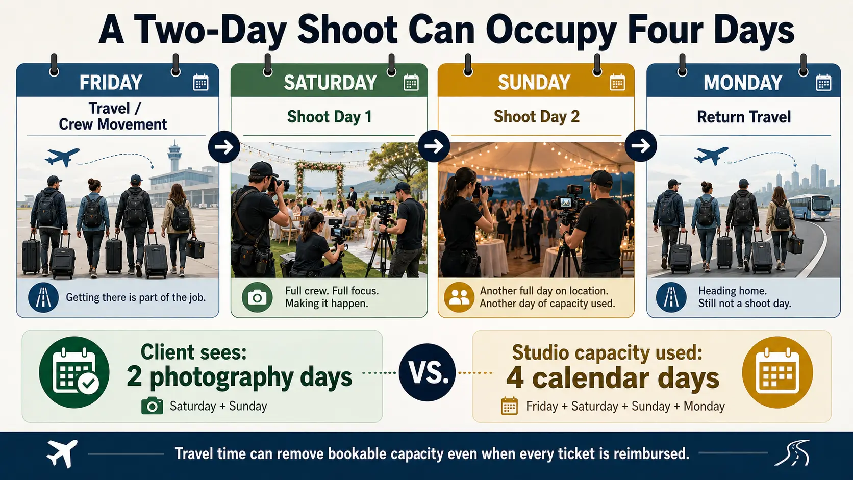 Destination photography timeline showing two shoot days plus outbound and return travel days occupying four calendar days.