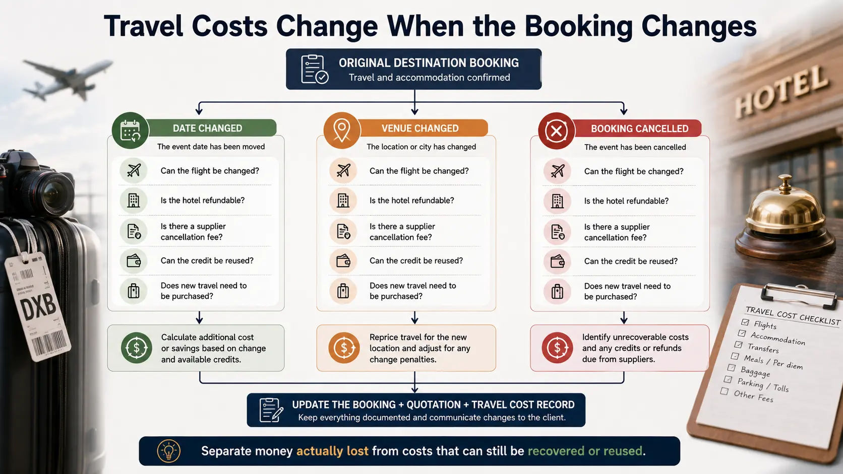 Photography travel cost workflow showing how rescheduling, venue changes and cancellation affect flights, accommodation and other booked travel.