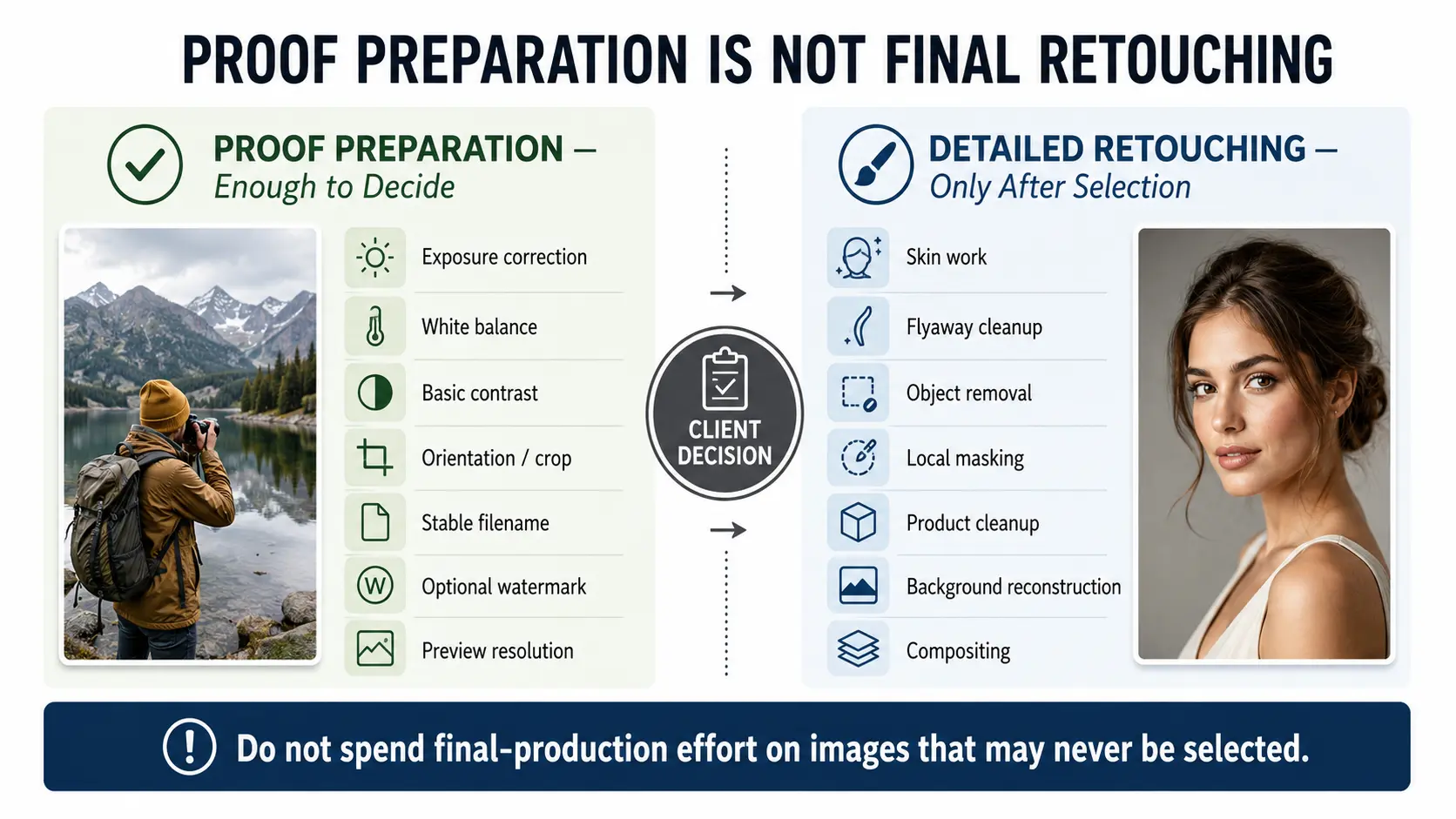 Photography proof preparation compared with detailed retouching, showing which editing tasks should happen before and after client selection.