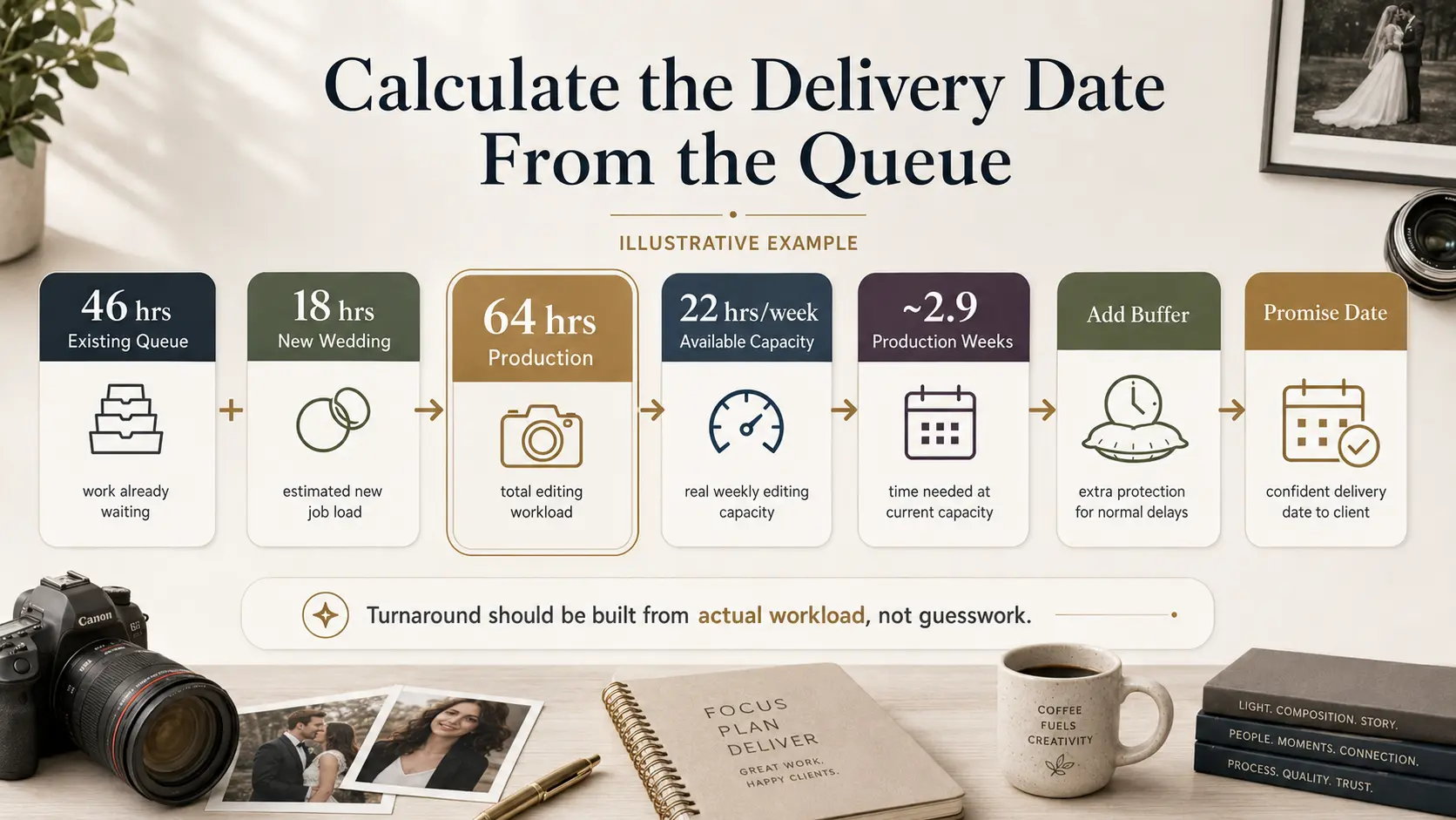 Photography delivery timeline calculation using editing queue hours, new job workload, weekly production capacity and buffer.