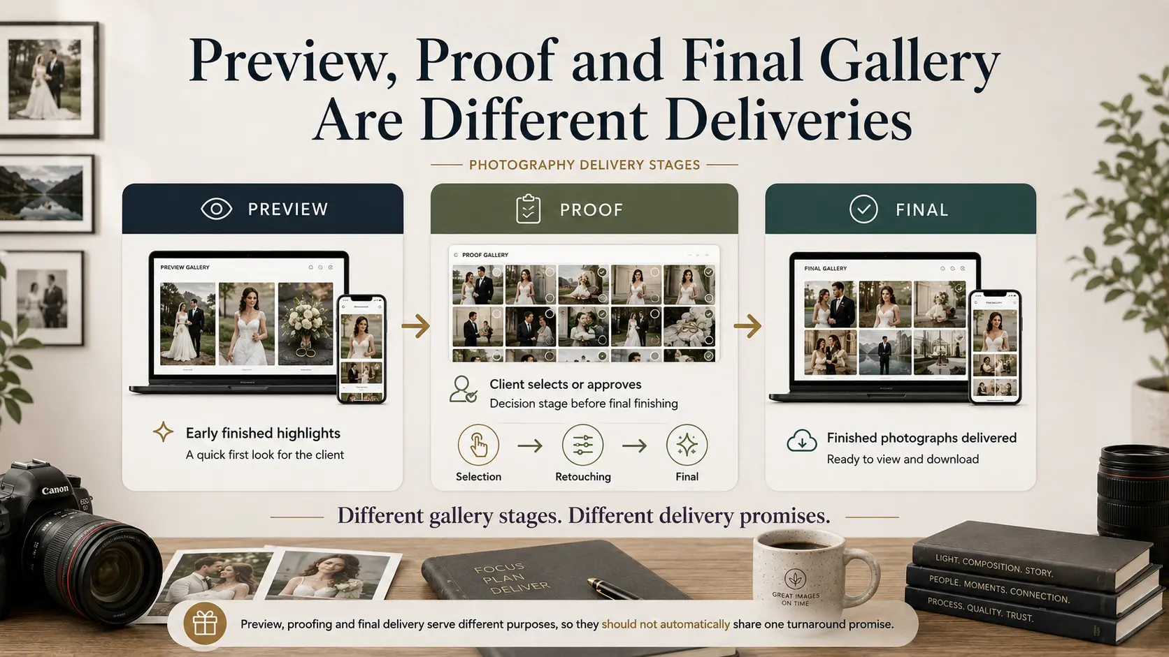 Photography workflow comparing sneak peek previews, client proof galleries and final photo delivery timelines.