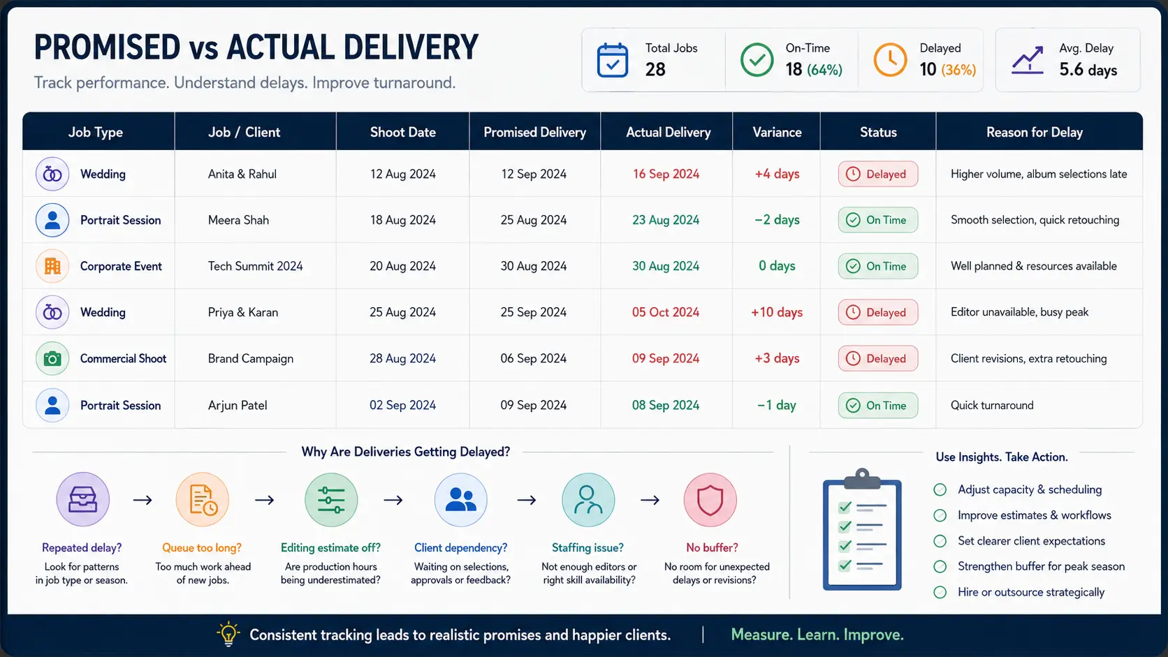 Photography studio dashboard comparing promised and actual photo delivery dates to identify turnaround delays.