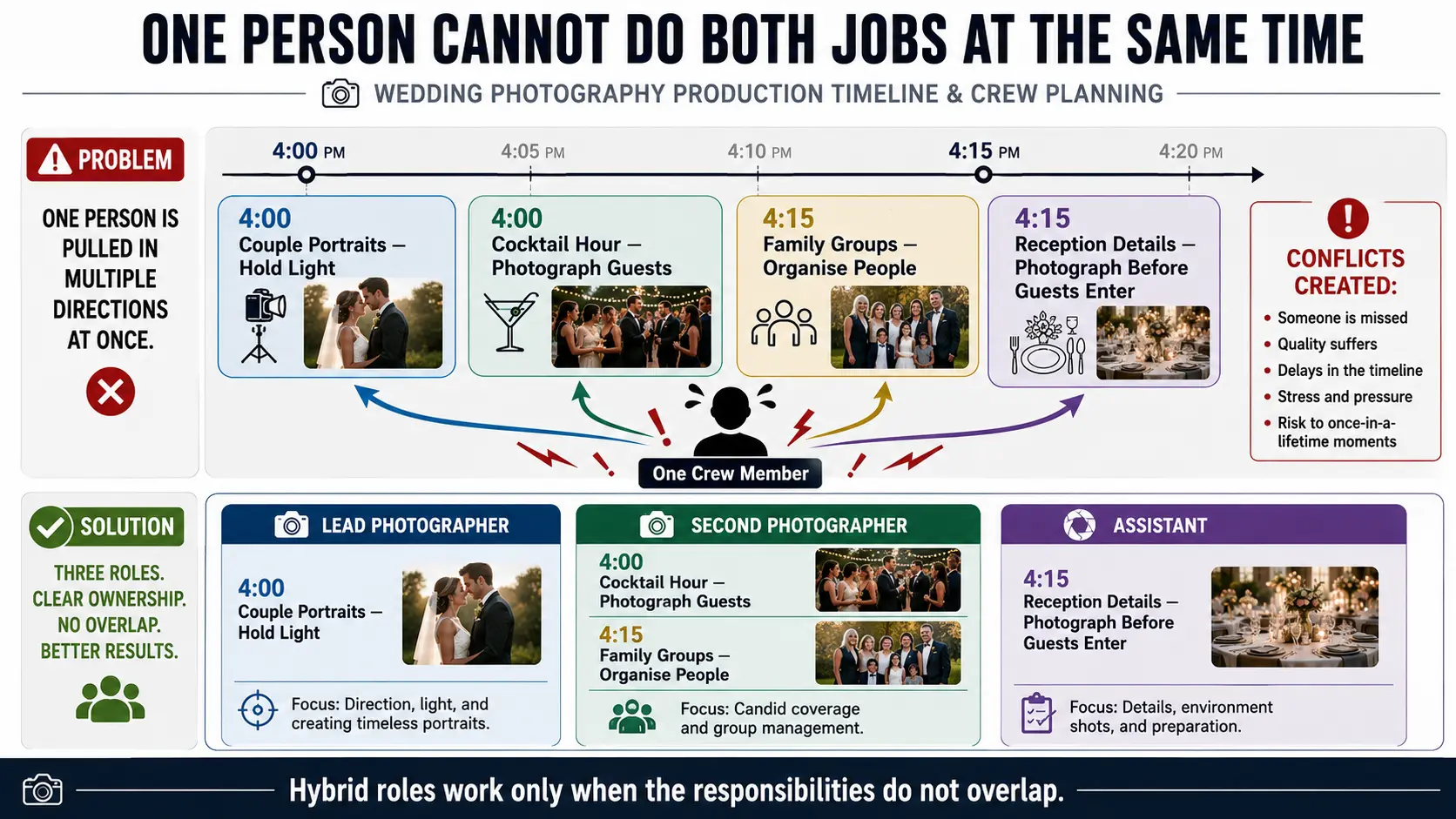 Photography production timeline showing conflicts when one crew member is expected to work as both second photographer and assistant simultaneously.