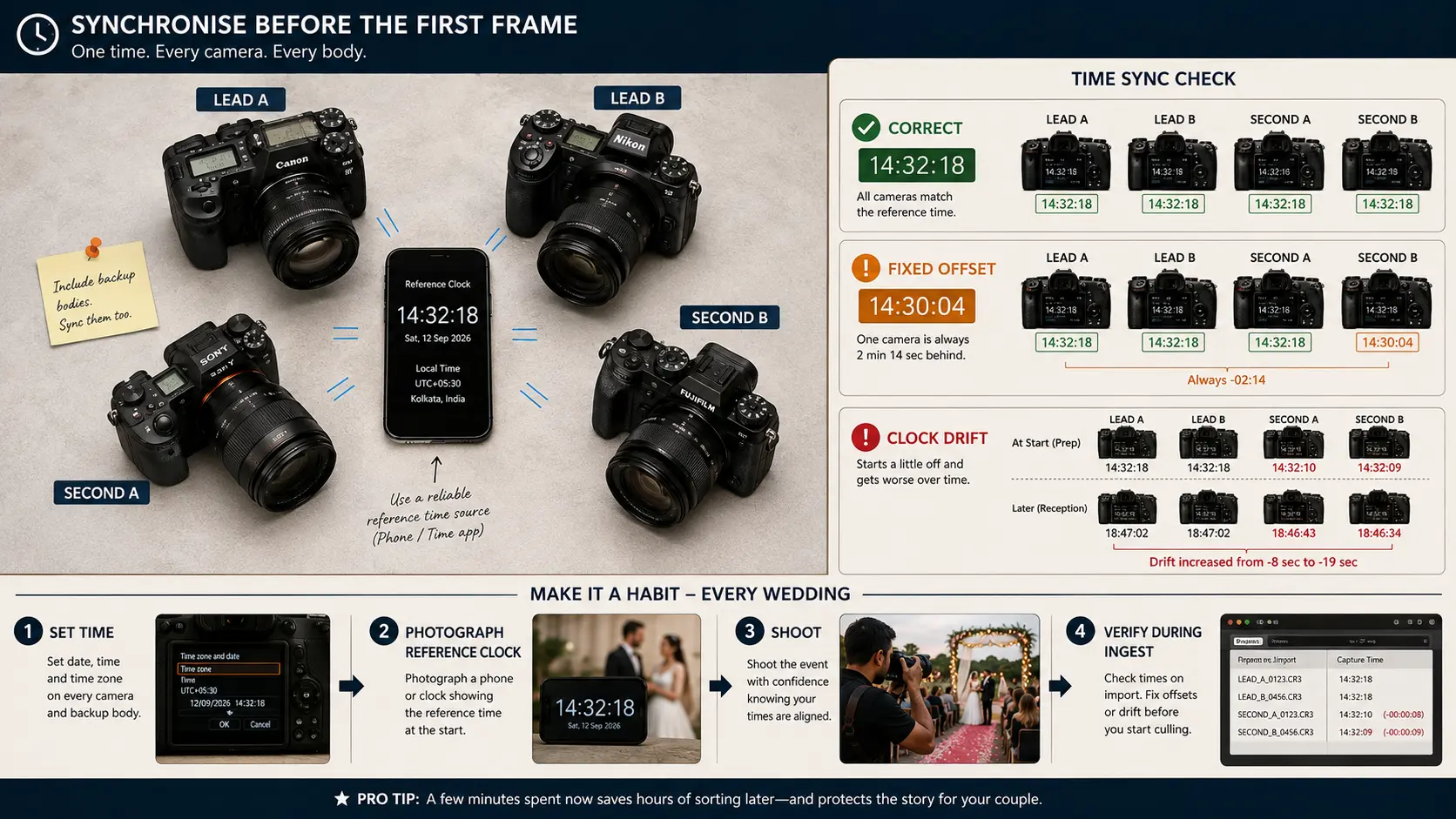 Wedding photographers synchronising multiple camera clocks before a shoot and identifying fixed time offsets and clock drift.