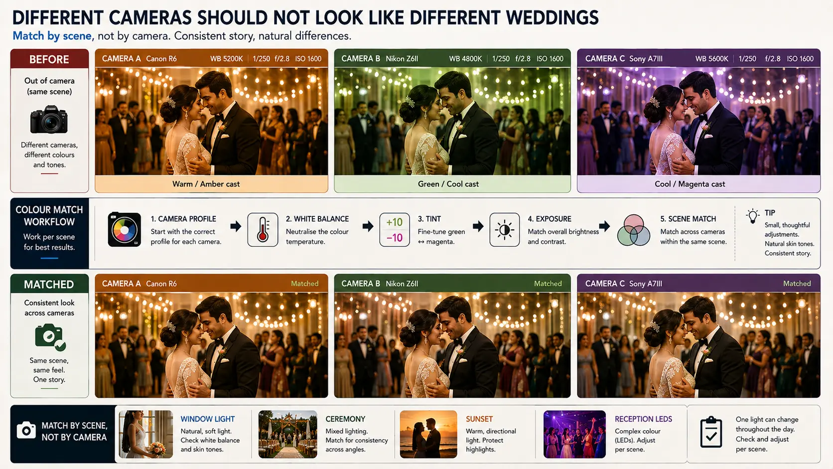 Wedding photography colour matching workflow for photographs captured with different camera bodies and lighting conditions.
