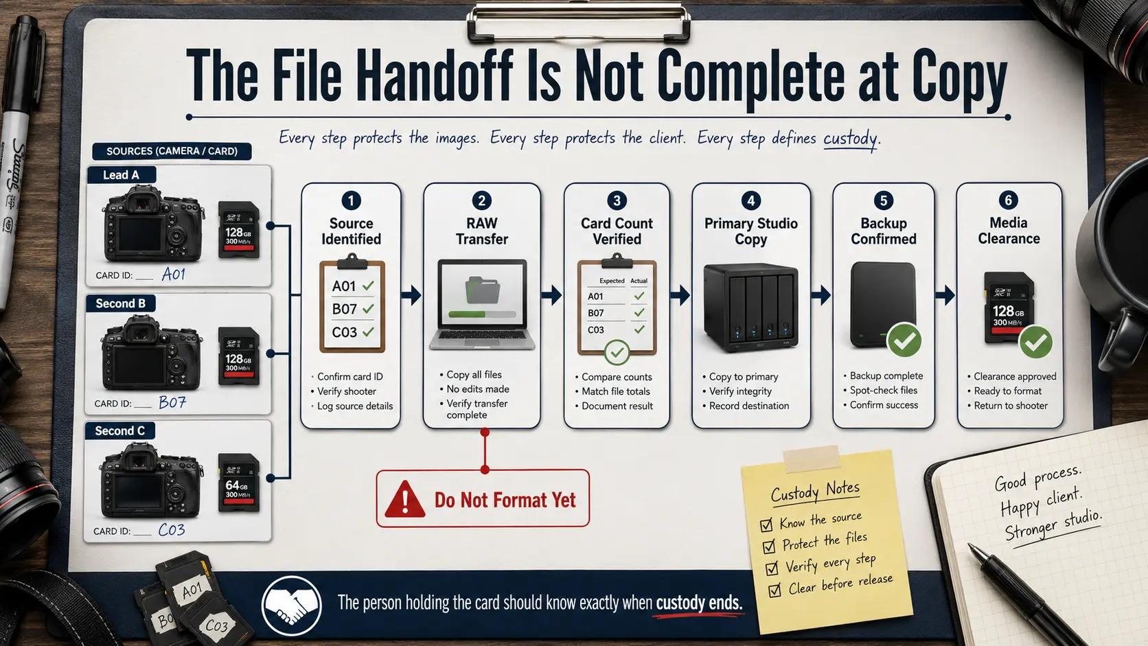 Photography file handoff workflow showing RAW transfer, source tracking, verification, studio backup and safe memory card clearance.