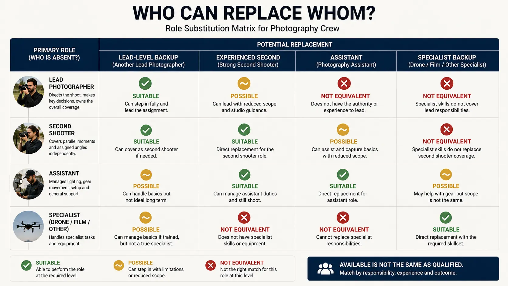Photography crew replacement matrix showing which backup photographers can cover lead photographer, second shooter, assistant and specialist roles.