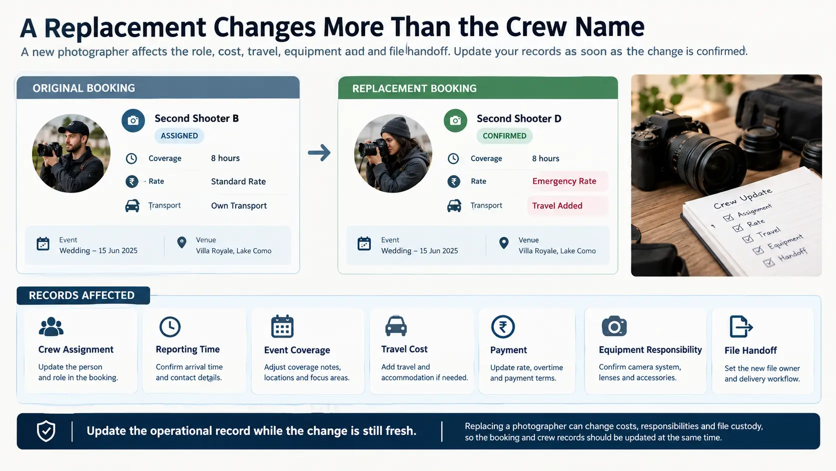 Photography crew replacement record showing changes to photographer assignment, rate, travel expense, equipment responsibility and file handoff.