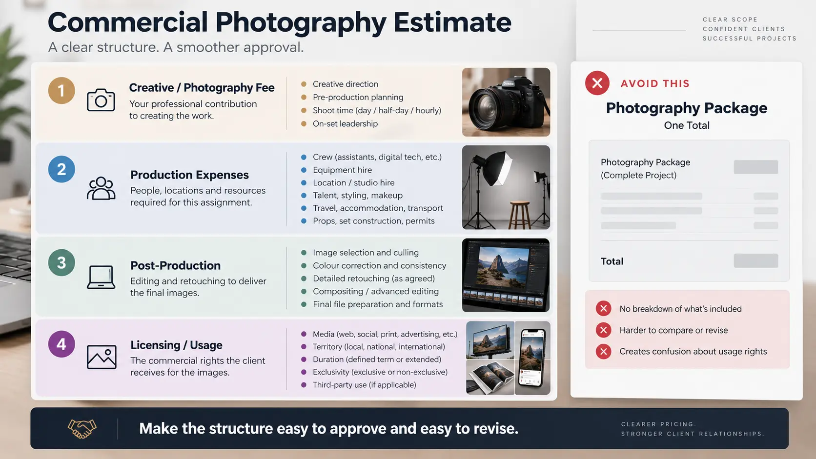 Commercial photography estimate showing separate creative fee, production expenses, post-production and image licensing sections.