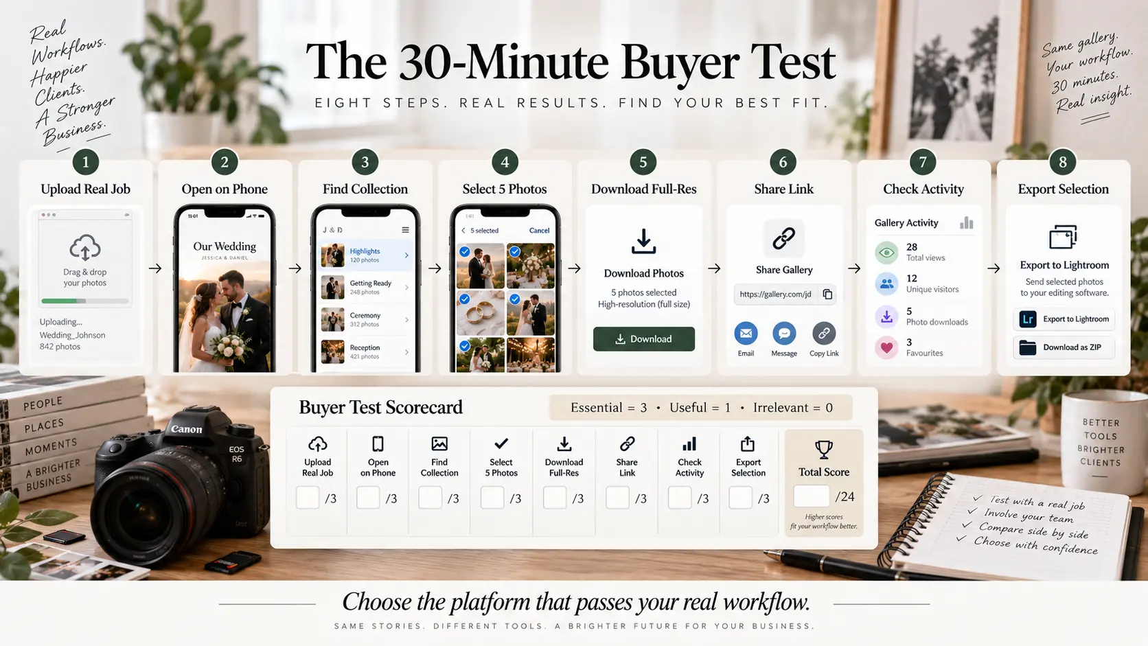 Client gallery software evaluation workflow showing a real assignment test and weighted buyer scorecard.