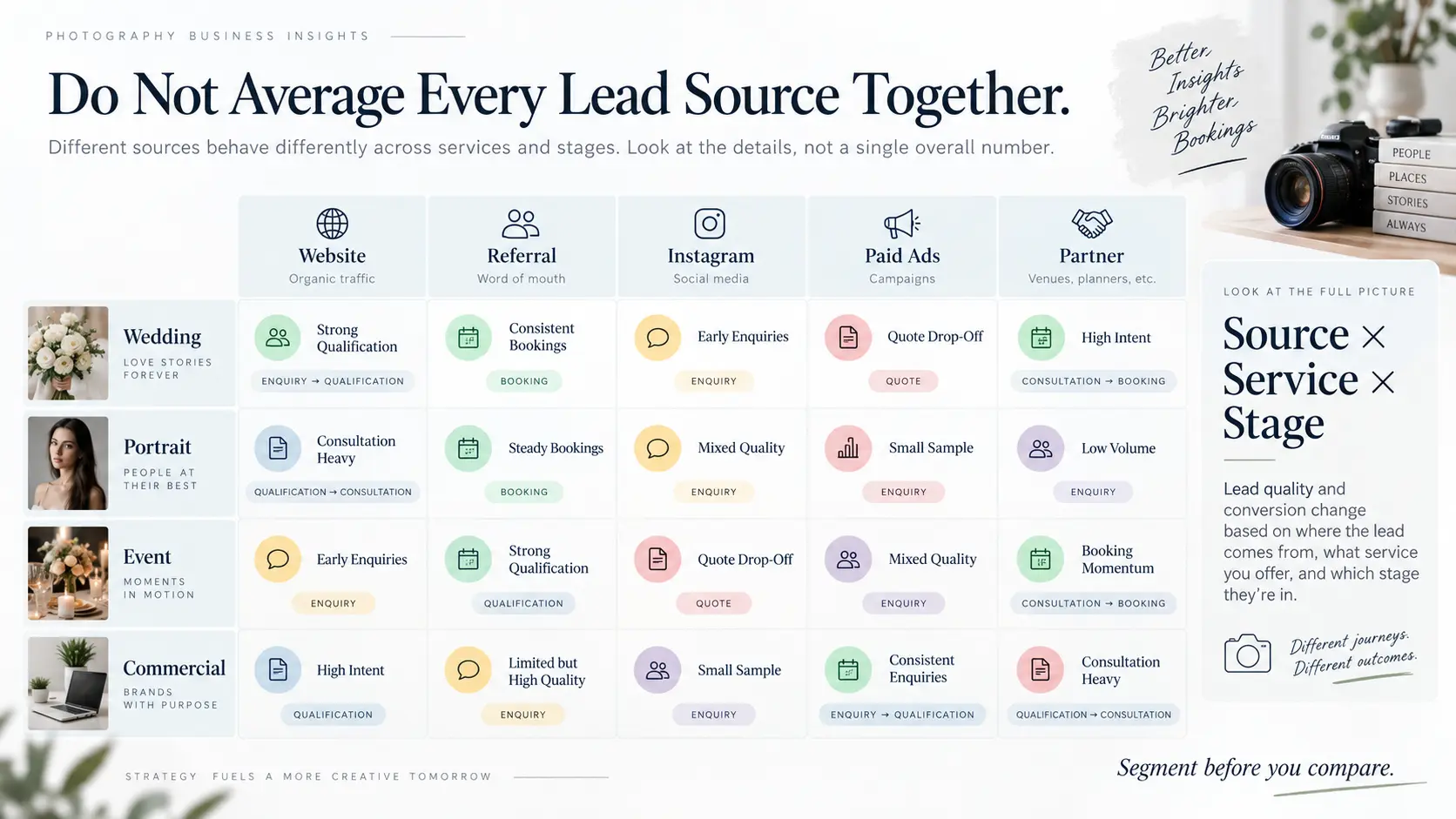 Photography lead source conversion matrix comparing website, referral, Instagram, advertising and partner enquiries across different photography services.