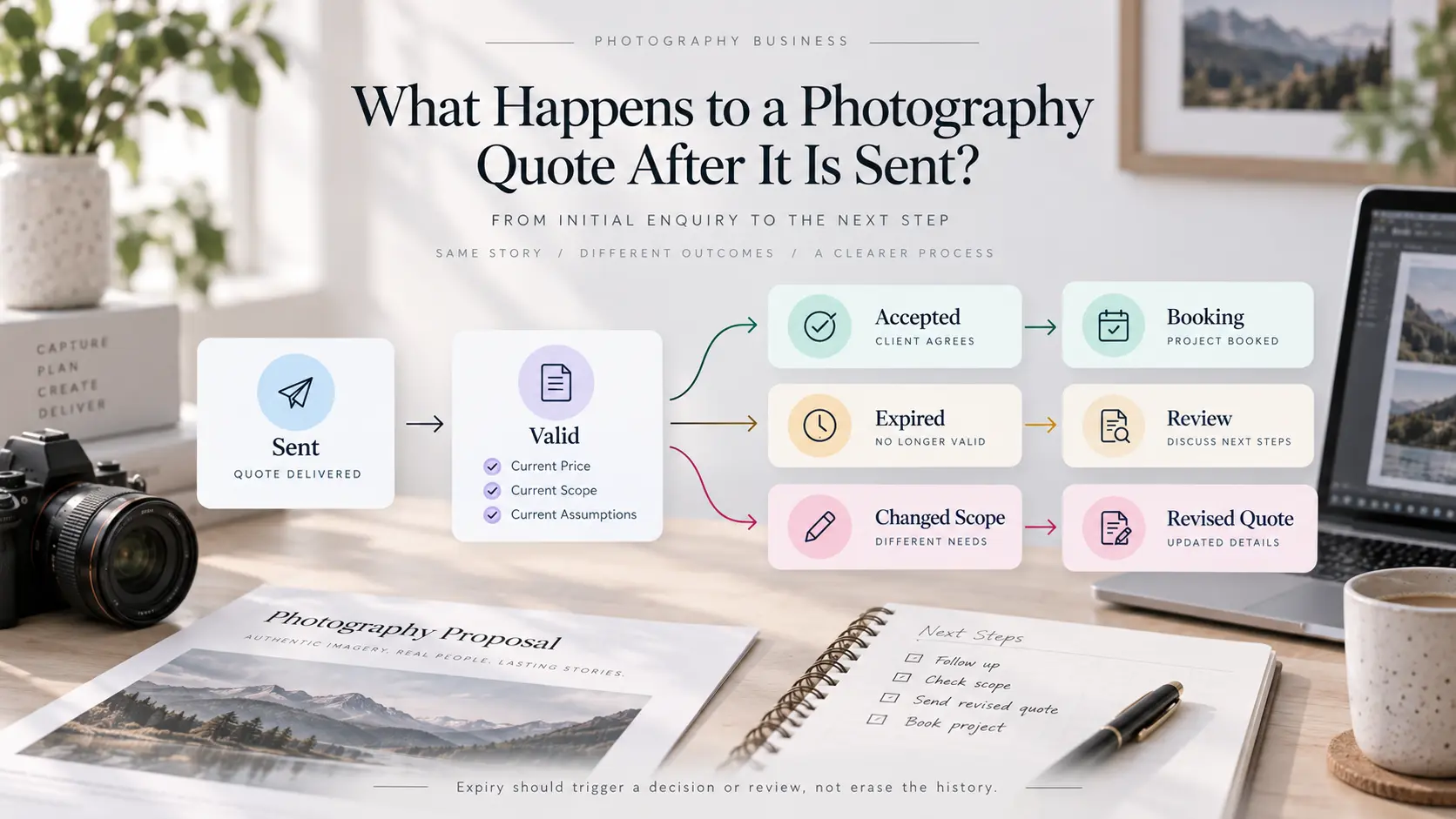 Photography quote expiry workflow showing valid quotations progressing to acceptance, expiry review or revision.