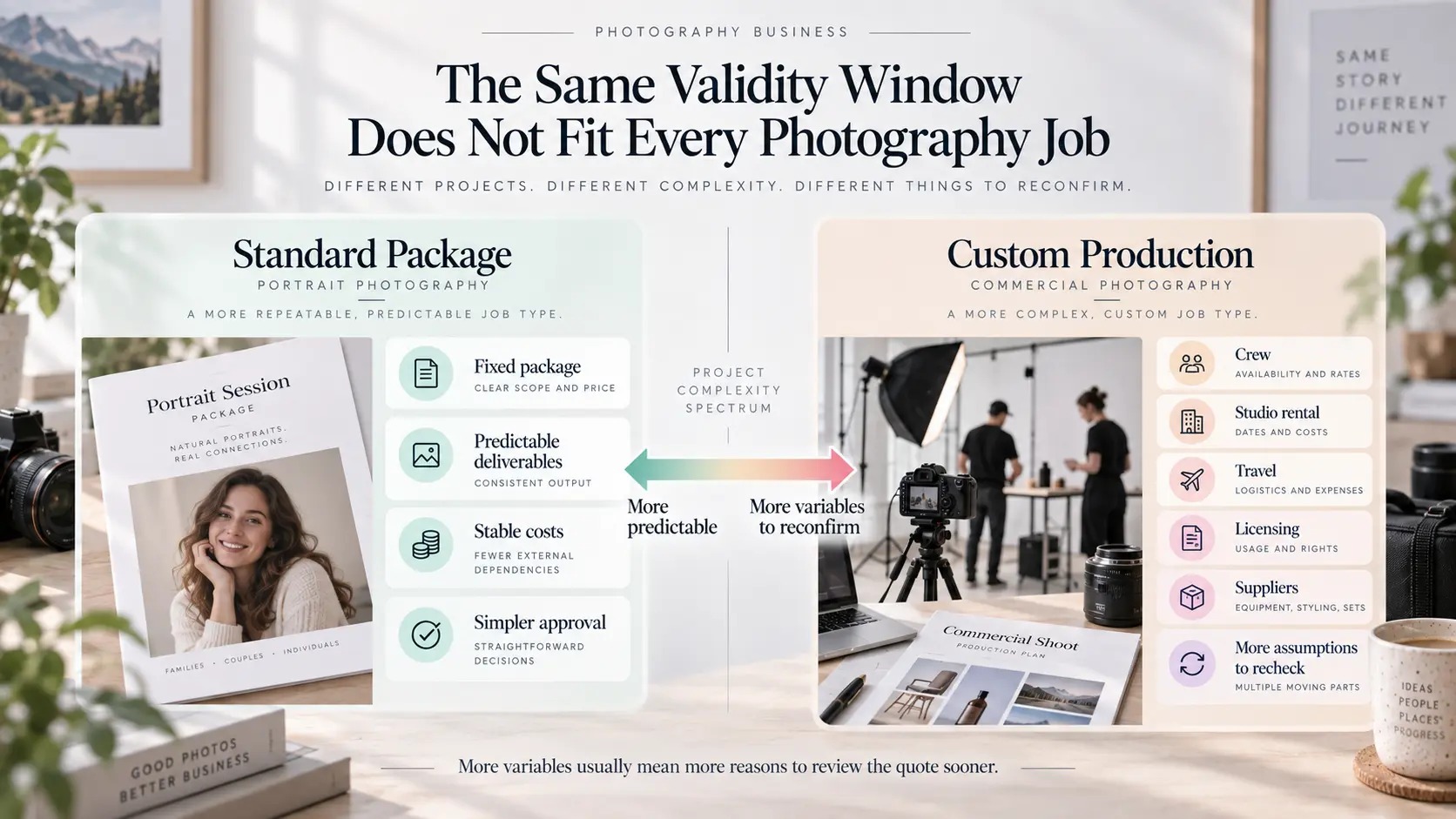 Photography estimate validity comparison between standard photography packages and custom commercial productions.