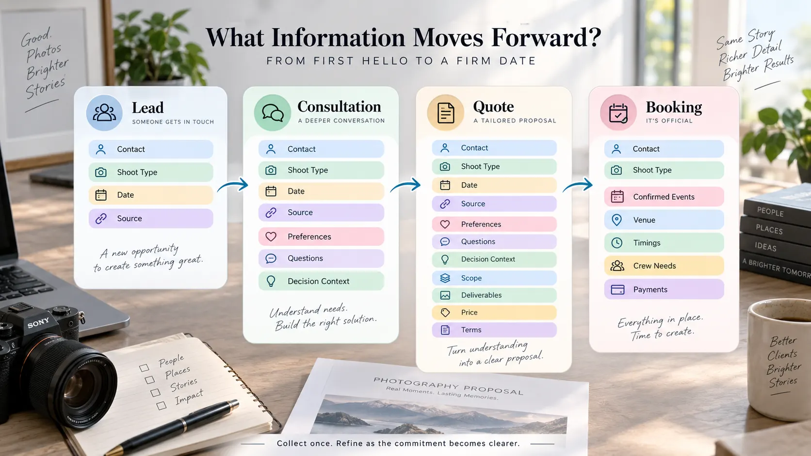Photography CRM data handoff showing client information progressing from lead and consultation to quotation and booking.