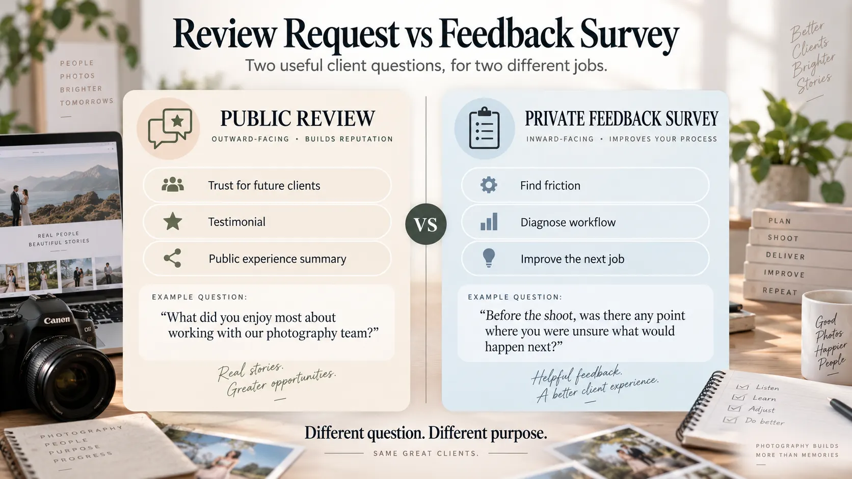 Comparison of a photography client review request and an operational photography feedback survey.