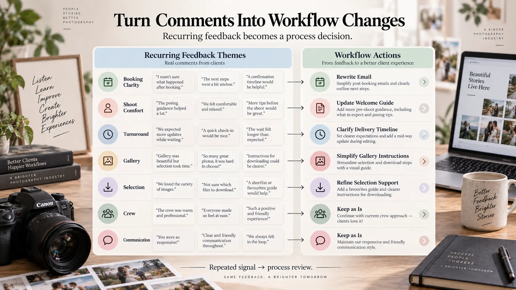 Photography client feedback dashboard grouping survey responses into themes and workflow improvements.