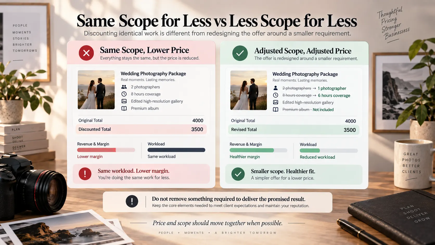 Photography quote comparison showing the difference between discounting identical scope and reducing both package scope and price.