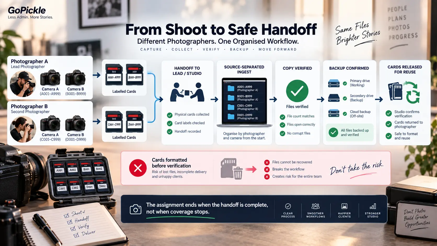 Photography file handoff workflow showing labelled camera media moving from photographers to verified studio ingest and backup.